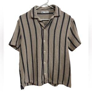 ZARA men’s Beige and Navy blue Striped button up sweater